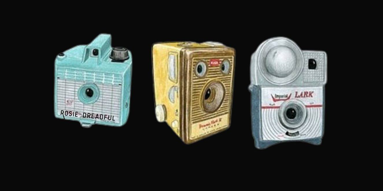 A colorful illustration of three old box cameras on a black background.