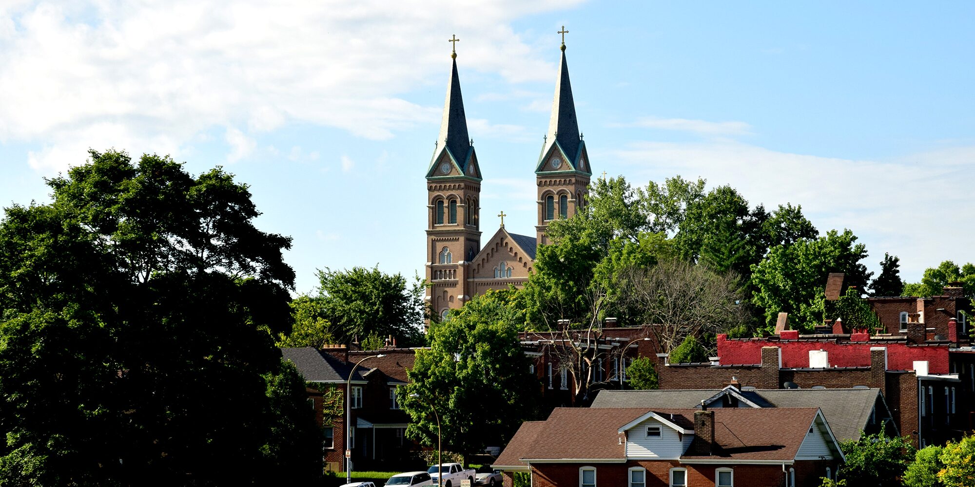 The steeples of St. Anthony of Padua Catholic Church in Dutchtown, St. Louis, MO, as viewed from Marquette Park to the north.