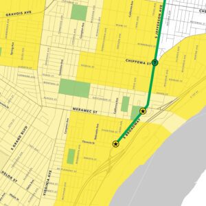 A map of census tracts in Dutchtown, St. Louis, MO, with an overlay of tracts highlighted by the St. Louis Economic Justice Action Plan as the areas of highest need. The map includes an overlay of a proposed extension of the MetroLink Green Line into Dutchtown.