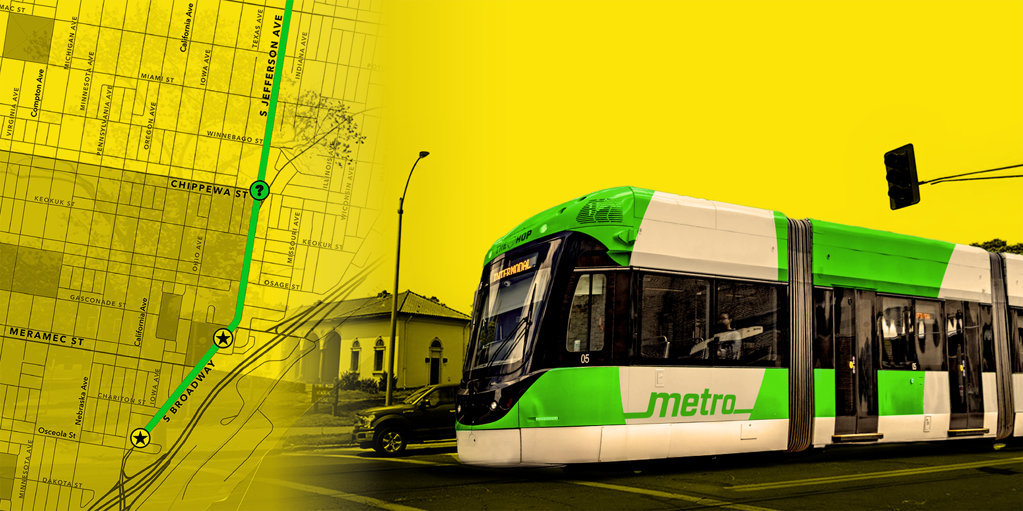 A rendering of a MetroLink Green Line train traveling down South Broadway at Meramec Street in front of Minnie Wood Memorial Square in Dutchtown, St. Louis, MO.