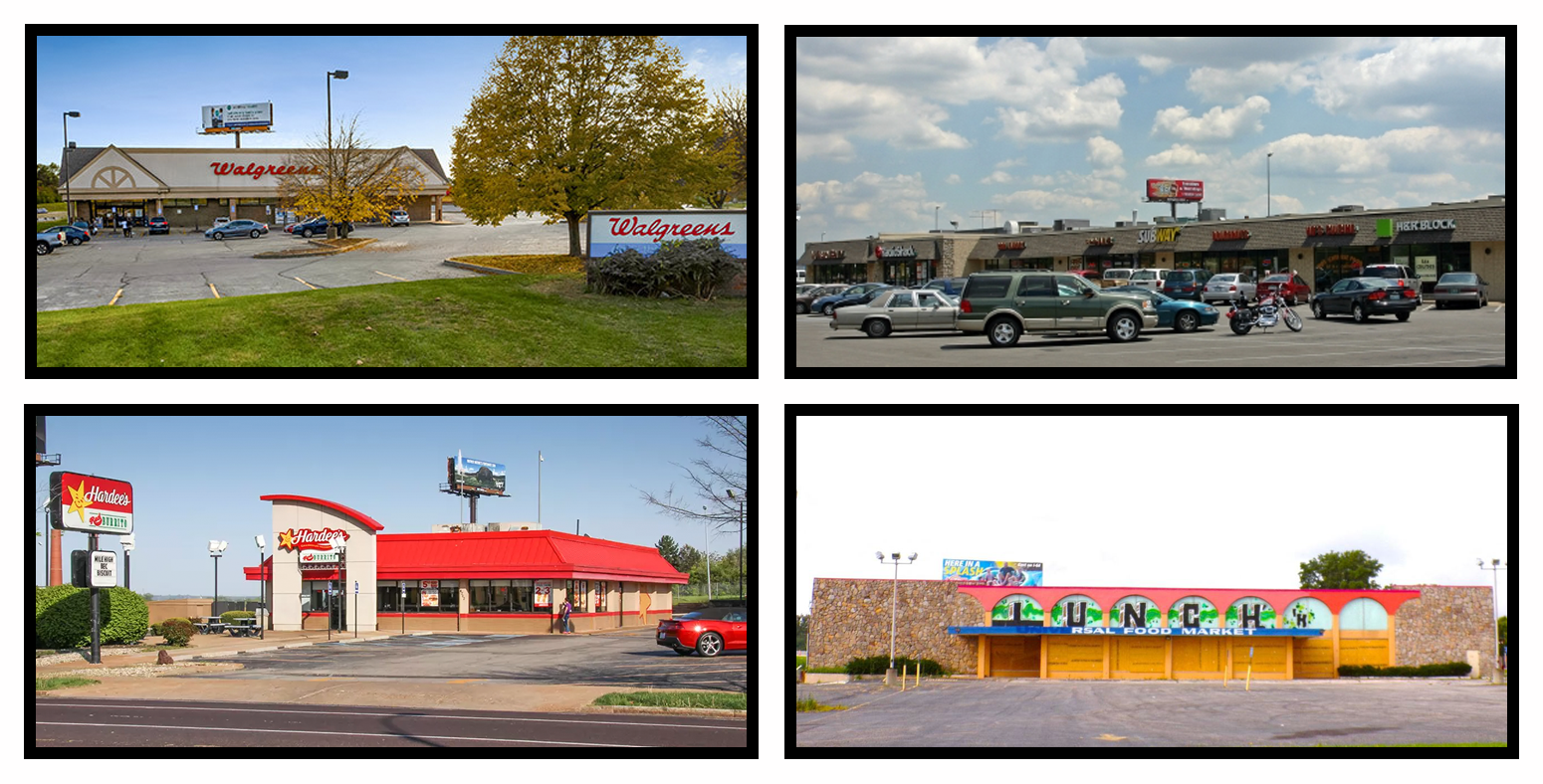 Vacant commercial spaces along South Broadway in Dutchtown, St. Louis, MO, including Walgreens, Family Dollar, Hardee's, and Universal Food Market.