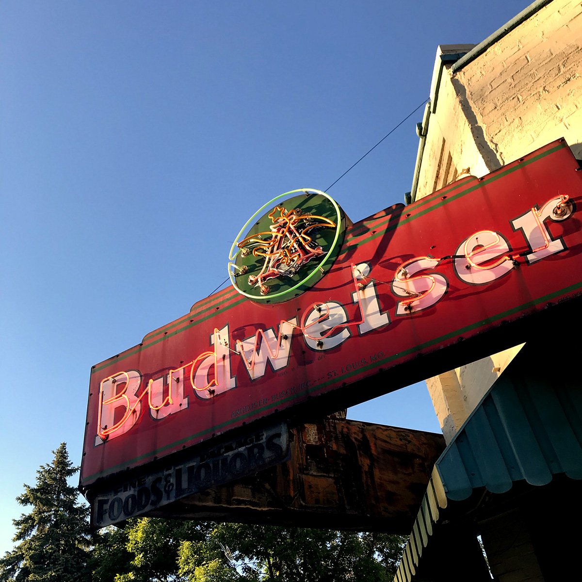 The "V-9"-style Budweiser neon sign at Iowa Buffet, 2727 Winnebago Street, in Dutchtown, St. Louis, MO. The tavern will restore the classic sign with funds received from a 2025 Dutchtown Façade Grant.