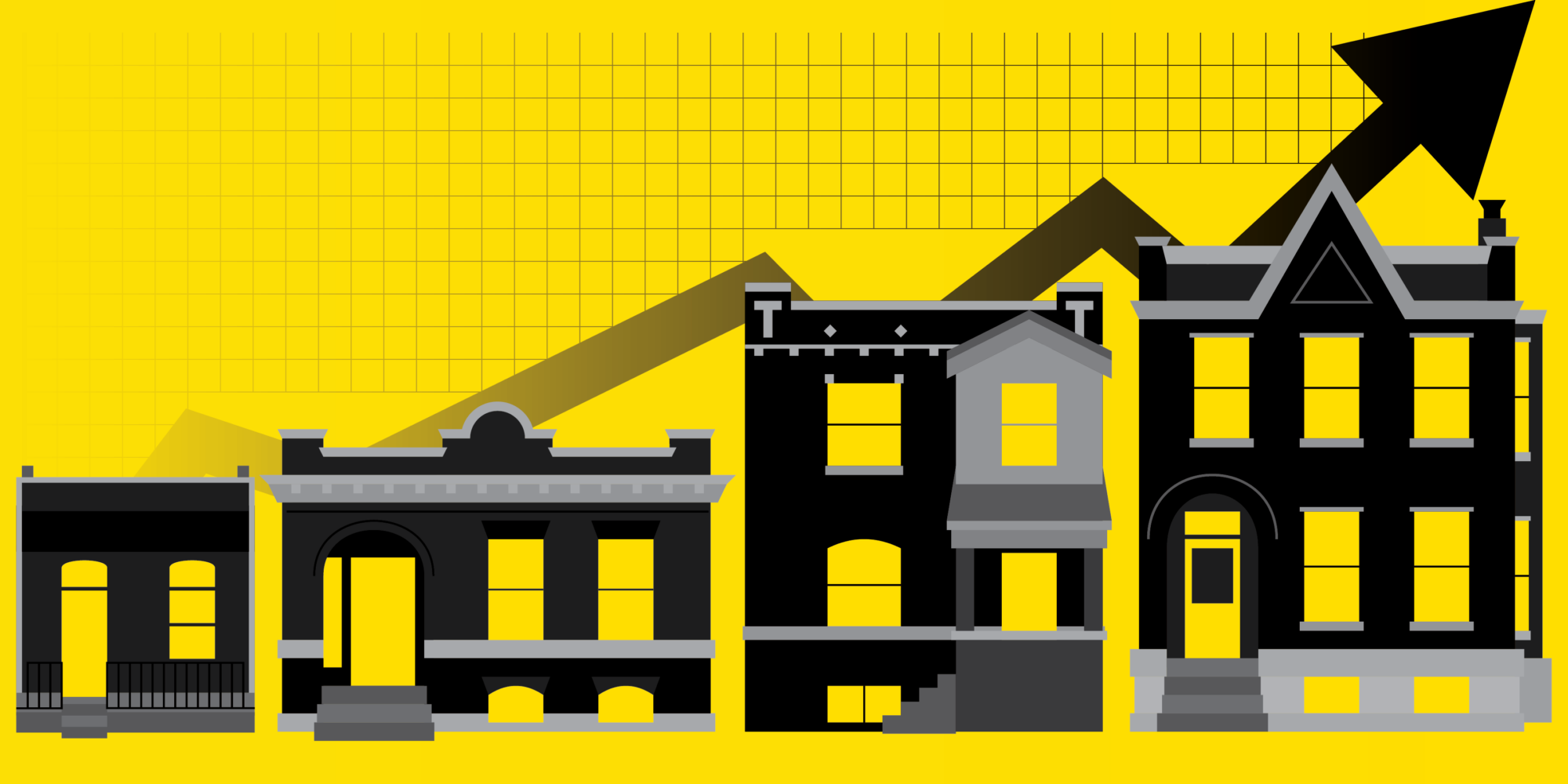 Black homebuyers find unique opportunities to invest and build wealth in Dutchtown. Illustration: four Dutchtown homes of increasing size with a trend line pointing up.